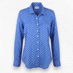 J Crew Bright Blue White Polka Dot Button Down Linen Perfect Fit Blouse Size 4